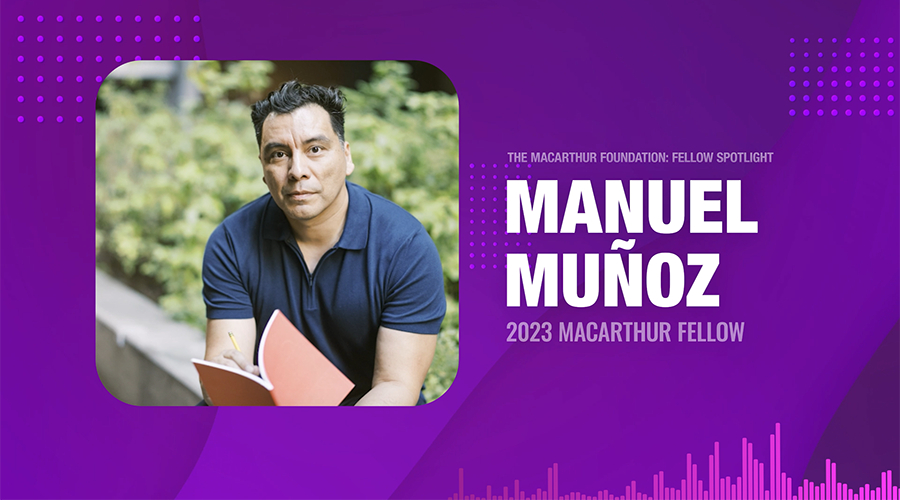 Manuel Muñoz holds a book outdoors; text reads