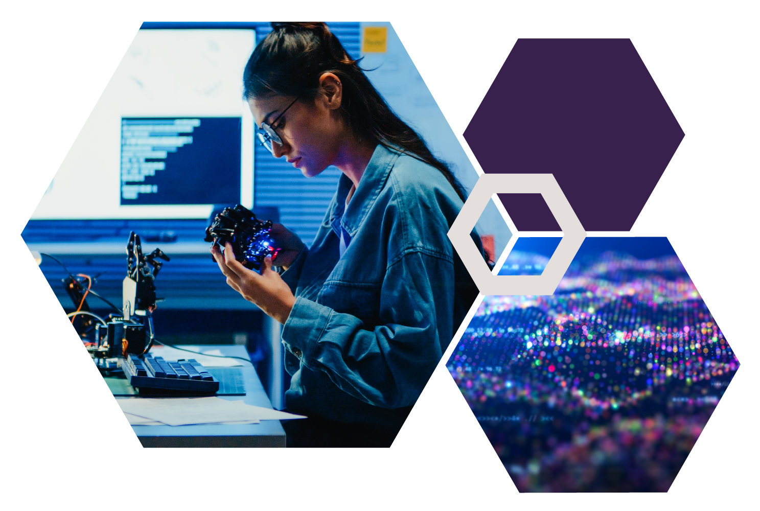 hexagon collage of a woman working on robotic materials, purple hexagon, and abstract grid of small lights