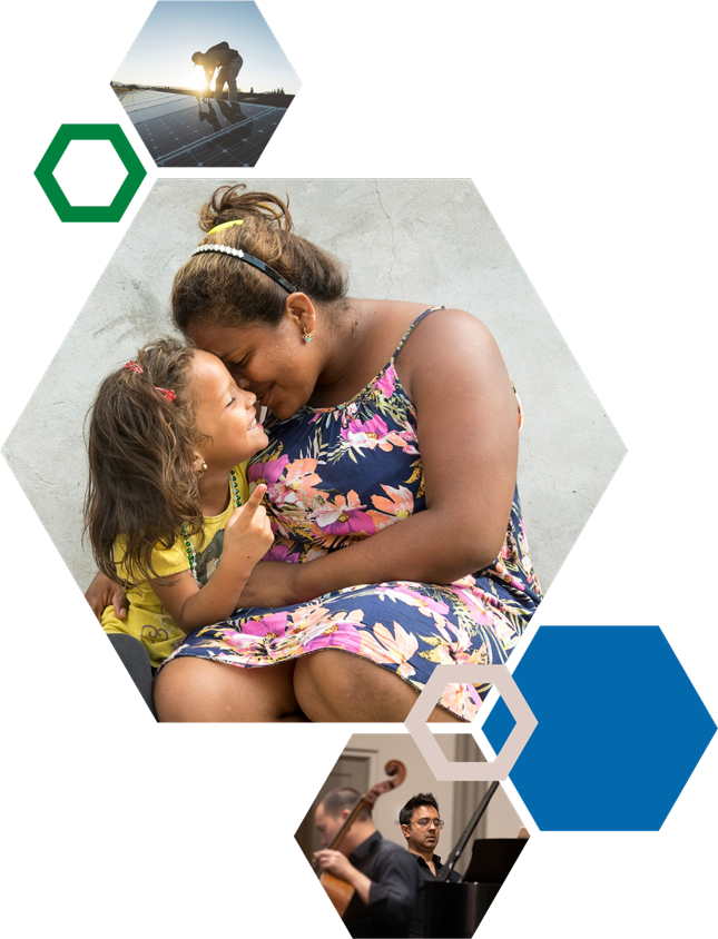Hexagonal collage of a woman and child embracing, a person on solar panels, and a musician playing piano.